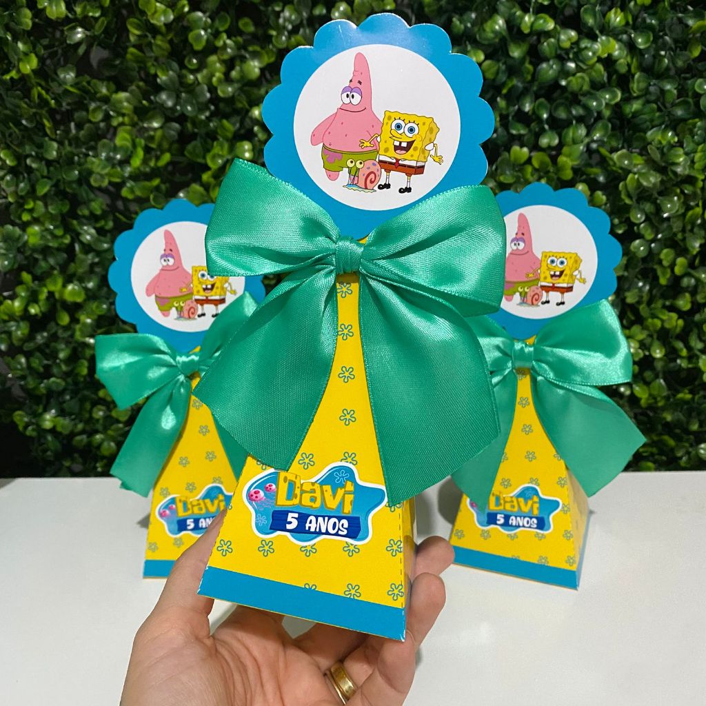 Caixinha Pirâmide Bob Esponja Personalizada Lembrancinha Festa Infantil Aniversário Guloseimas Decorativa