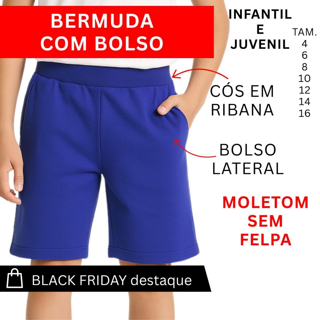 Bermuda Infantil Juvenil moletom Menino 2 Bolsos Lisa 3236-A