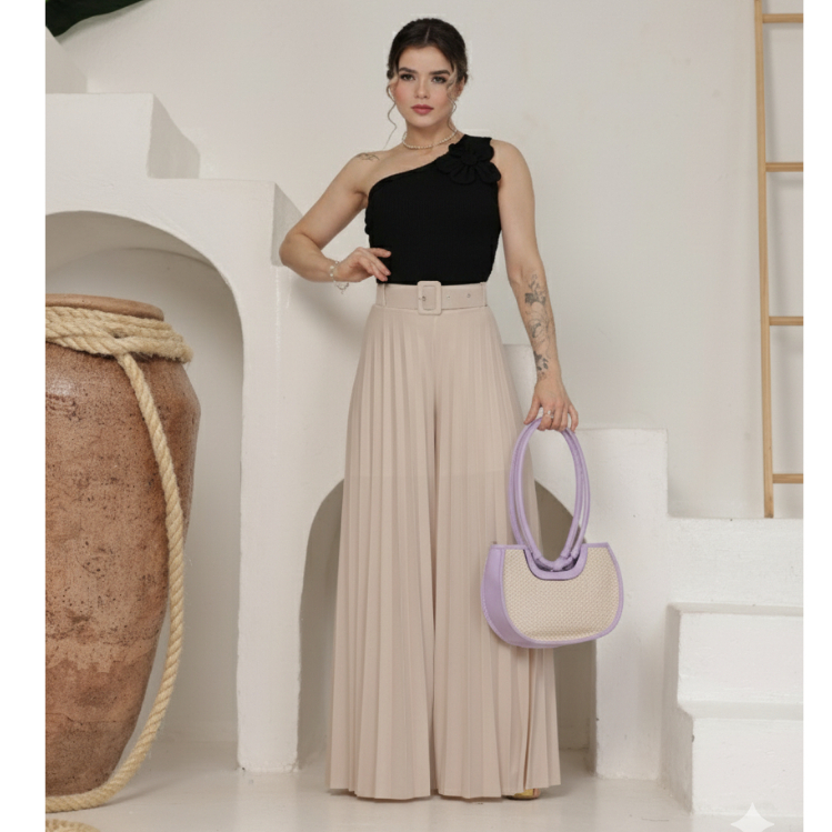 Calça Plissada Feminina Pantalona com Cinto Elegante Cintura Alta  Social Festa em Oferta na Shopee