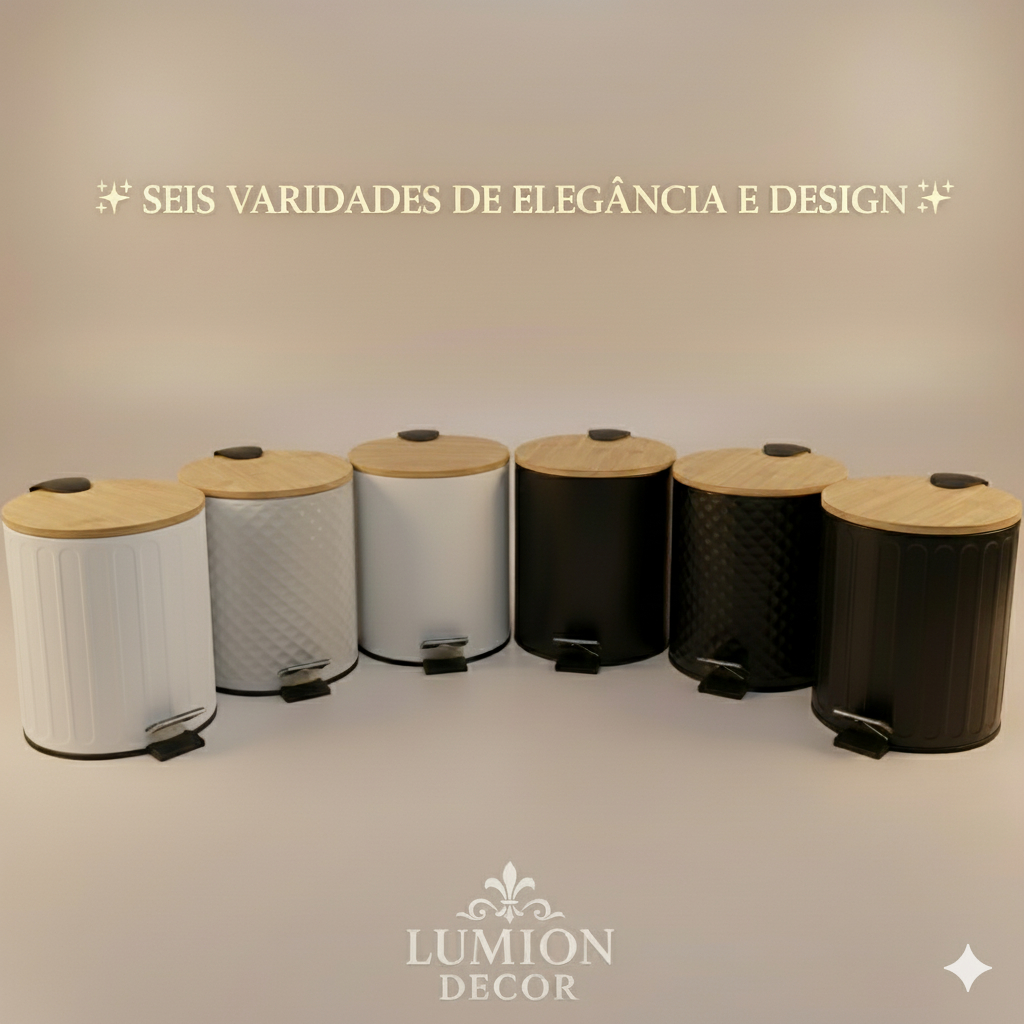 Lixeira De Ferro Luxo Com Tampa De Bambu E Amortecimento Suave — 6 Modelos Exclusivos