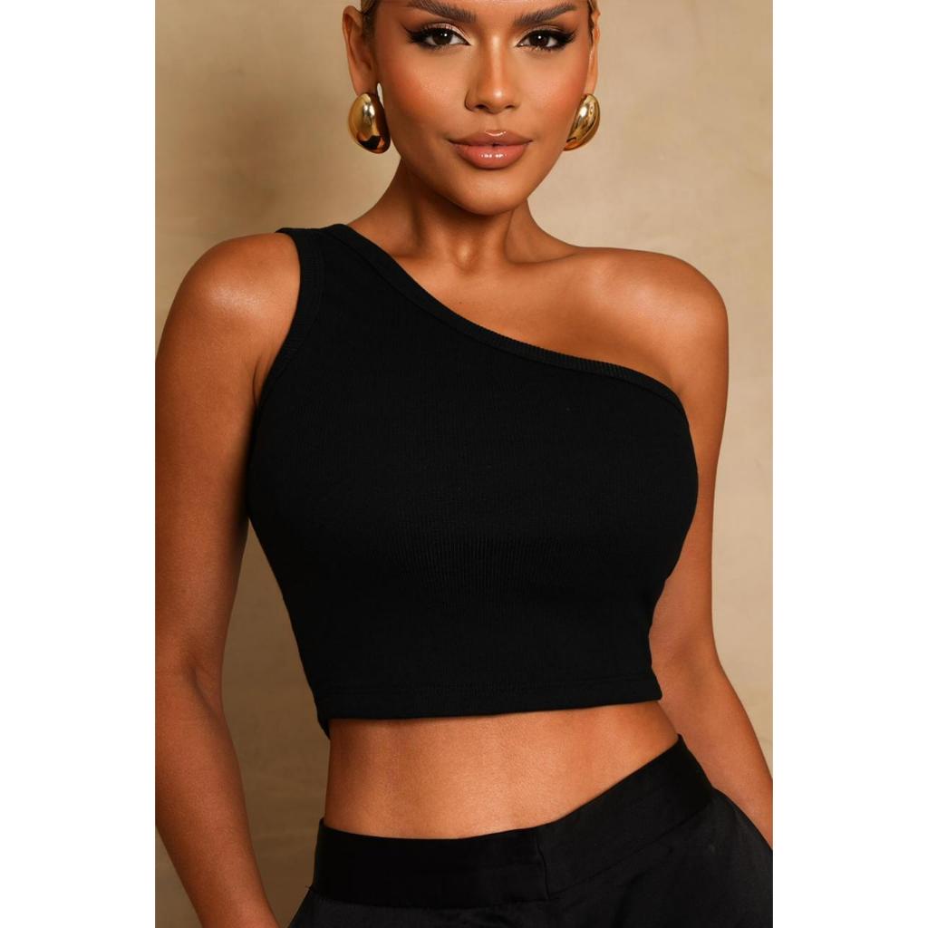 CROPED MULA MANCA COM UM OMBRO SÓ LANÇAMENTO MODA ESTILOSO NULA MANGA em Oferta na Shopee