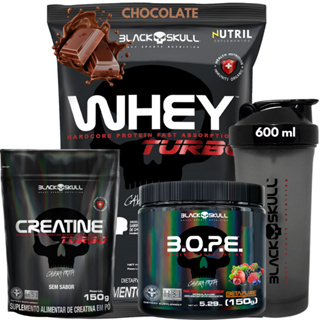 Whey Turbo 907g + Creatina Monohidratada Turbo 150g + Pré Treino 150g + Coqueteleira - Kit Suplemento Black Skull em Oferta na Shopee