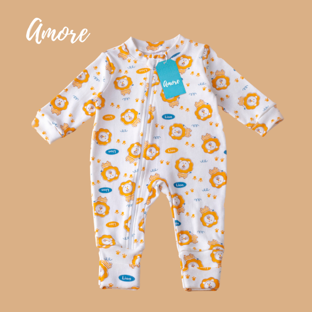 Macacão de Bebê Amore Vira Pé Leãozinho Com Zíper Infantil Maternidade 100% Algodão