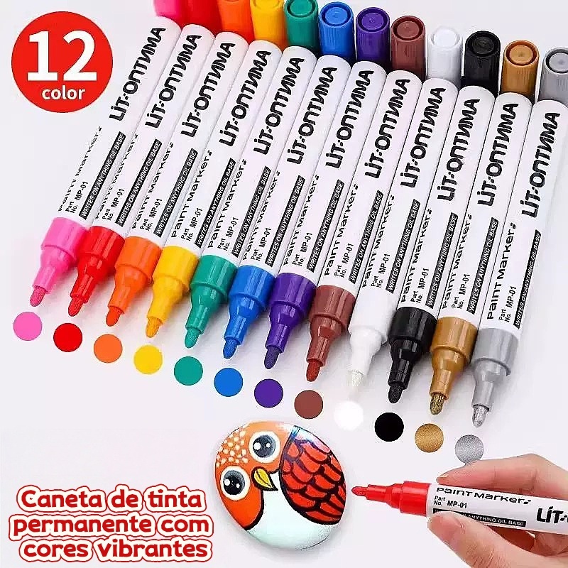 Caneta de Tinta Permanente 12 Cores - Marcador para Pneu, Metal, Plástico e Vidro em Oferta na Shopee