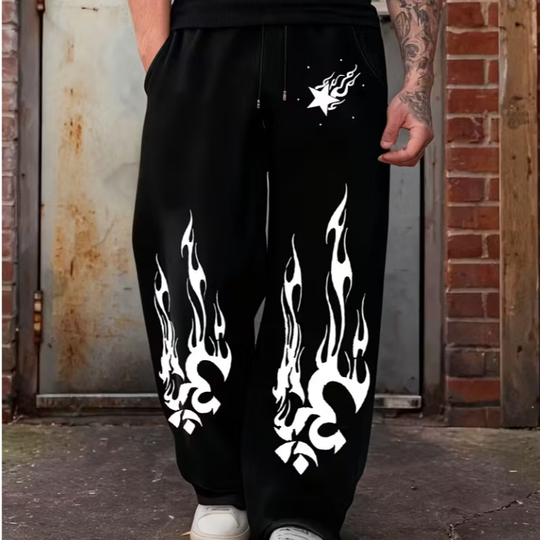 Calça Baggy Balão Wide Leg Streetwear Fire Aesthetic Punk Gotico Rock Caveira Reta Masculino Moletom