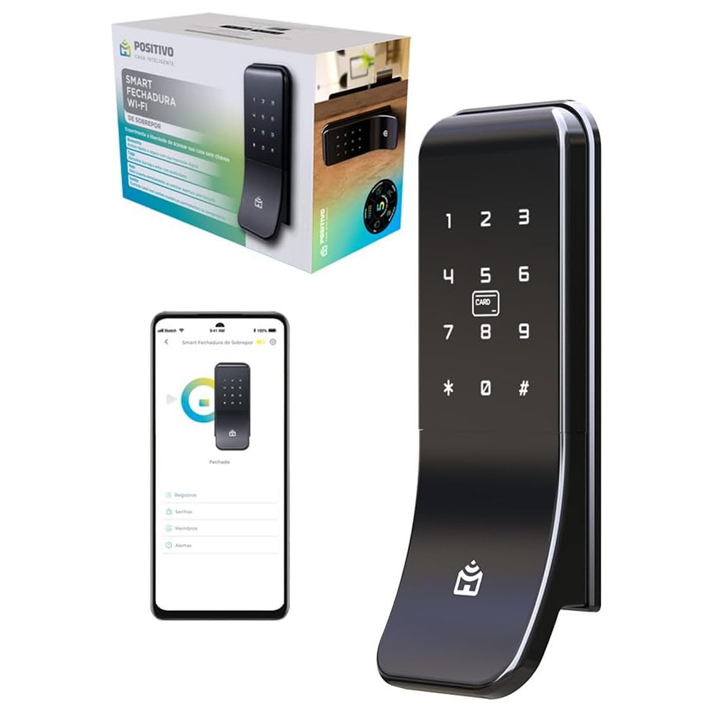Fechadura Smart Wi-Fi de Sobrepor Positivo Casa Inteligente Abertura por Biometria, Senha, Tag e App