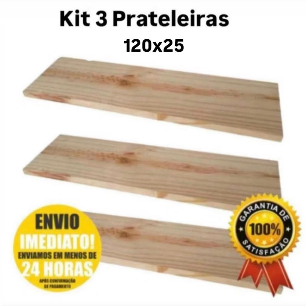 Prateleira de madeira, Pinus, Tabua, 120cm x 25cm, kit com 3 em Oferta na Shopee