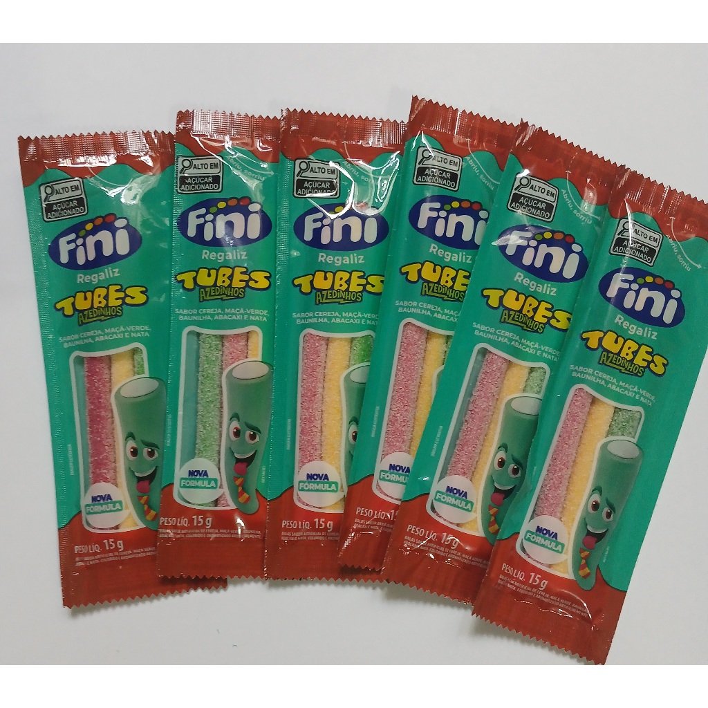Fini Tubes Azedinhos Kit com 6 Unidades Sabores Cereja Maçã Verde Baunilha Abacaxi Nata
