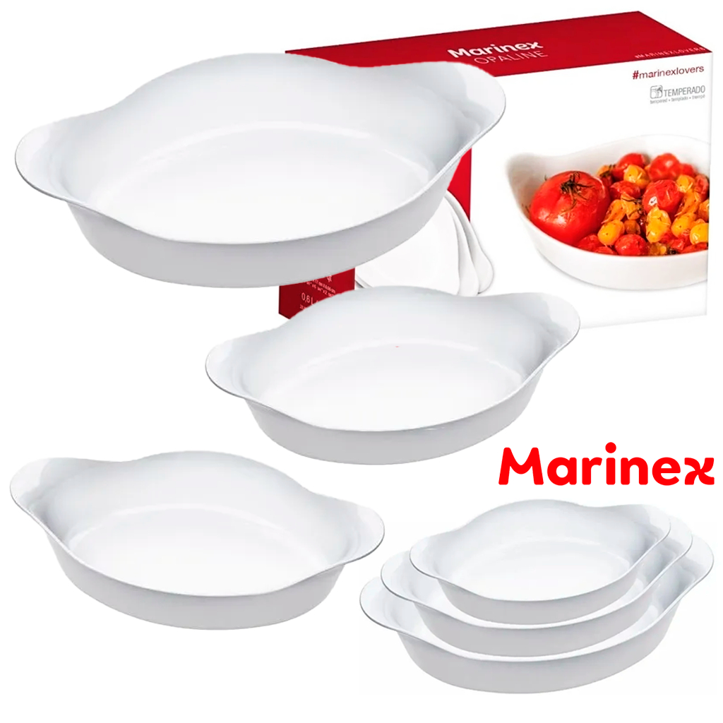 Conjunto Jogo de Assadeiras 3 peças Marinex Oval Opaline em Vidro Temperado Kit Forma Branca