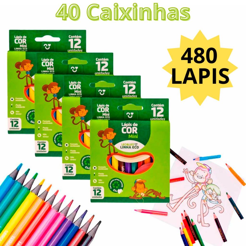 Kit 40 Caixa de Lápis de Cor Mini Caixa com 12 Cores Kit Festa Escolar Lembracinha Leo&Leo