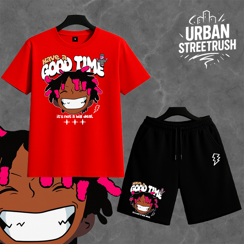 Conjunto Masculino Streetwear Urban StreetRus - Camiseta 30.1 + Short Moletom Estampado “Have a Good Time”