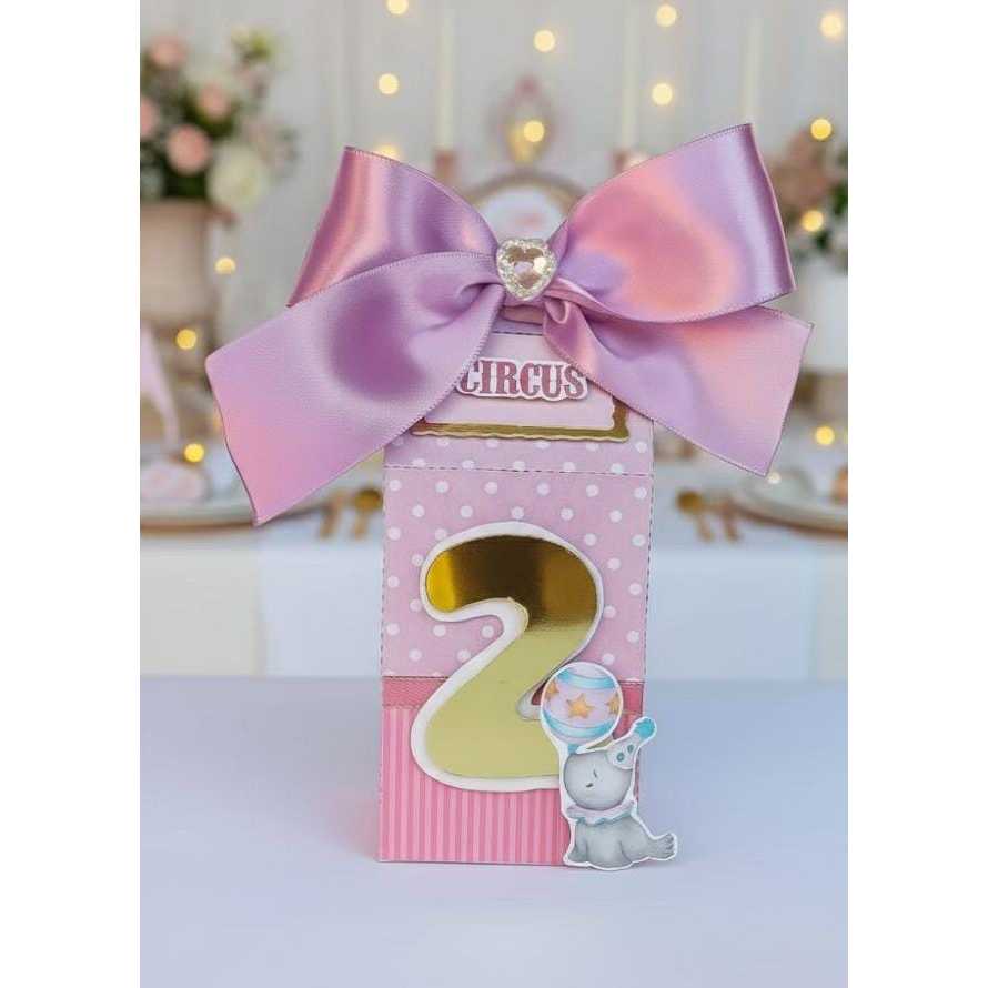Caixa Milk Circo Rosa Personalizada com Laço – Lembrancinha de Festa Infantil / Aniversário / Circo Rosa Luxo