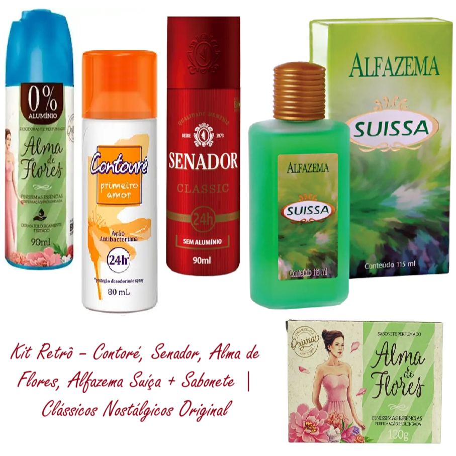 Kit Retrô – Contoré, Senador, Alma de Flores, Alfazema Suíça + Sabonete | Clássicos Nostálgicos