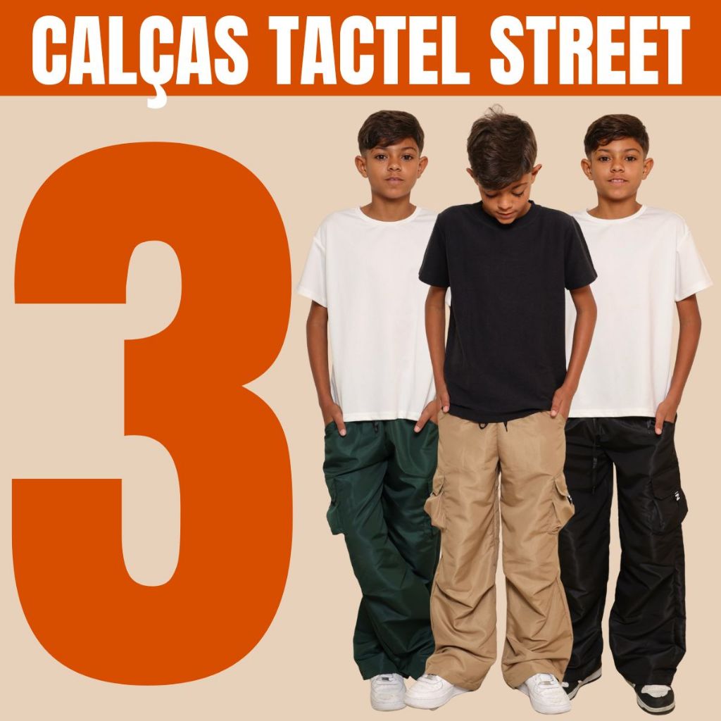 KIT 3 Calça Juvenil Tactel Premium Boca Larga Street Hip Hop 4 Bolsos Funcionais Cargo Menino 10 12 14 Moda Infantil s em Oferta na Shopee