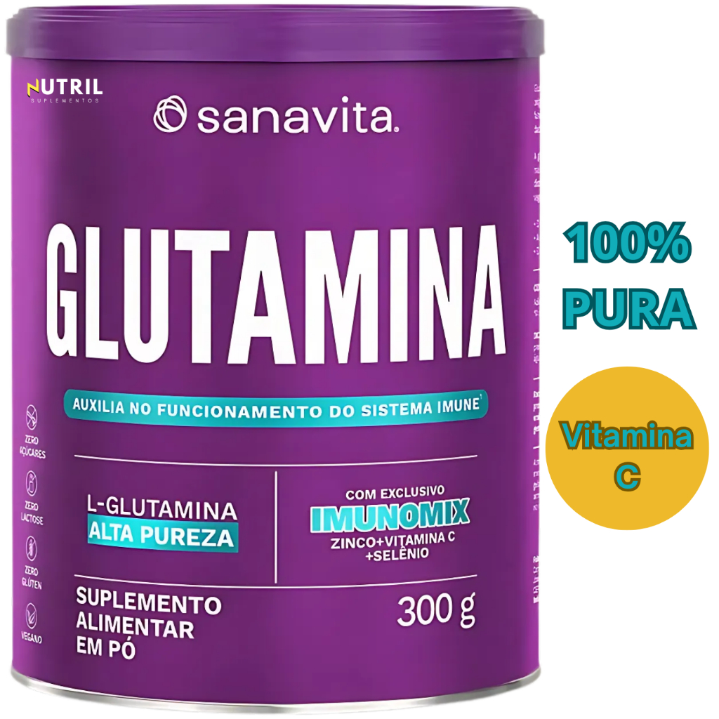 Glutamina em Pó 100% Pura SANAVITA 300g L-glutamina c/ Imunomix ( Imunidade c/ Vitamina C, Zinco e Selênio) Antioxidante