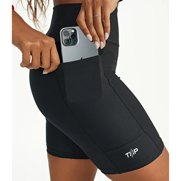 Bermuda Short Com Bolso Compressão Chapa Barriga Ciclista Feminina Cintura Alta Fitness Preto/ Azul Marinho