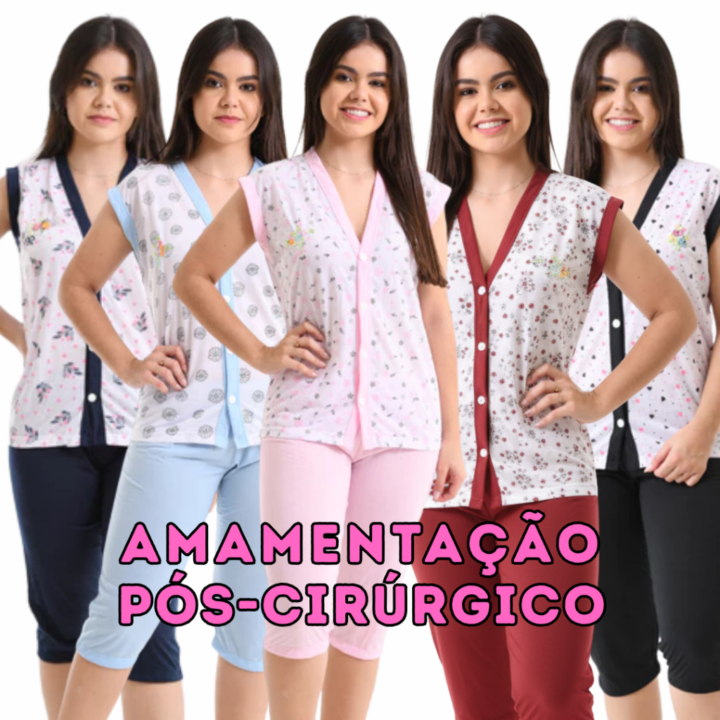 Pijama Amamentação Aberto com Botões Manga Curta Bermuda Maternidade Pós-Cirúrgico Confortável