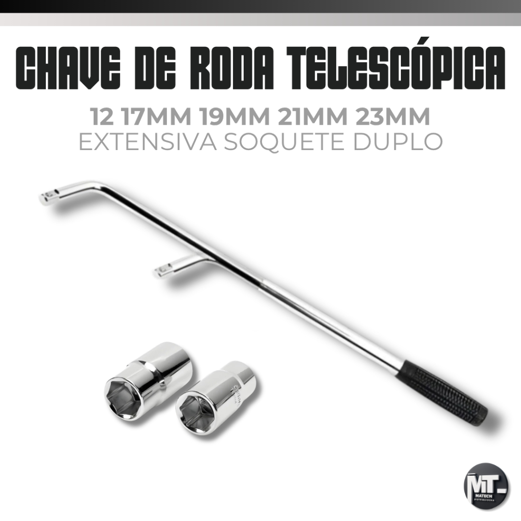 Chave de Roda Telescópica em L Alongável 17/19/21/23 mm | Soquete Duplo - Ideal para Carros e Vans