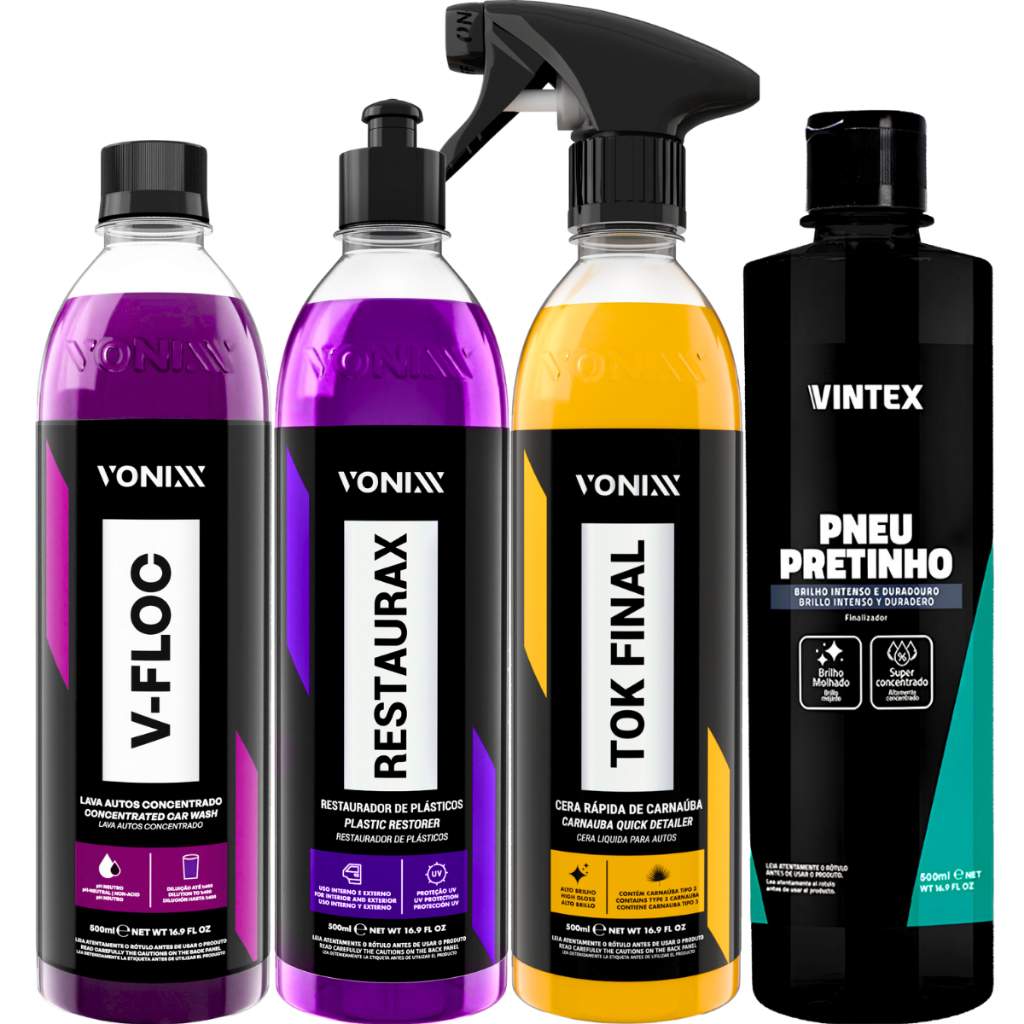Kit Limpeza Automotiva Tok Final Cera Carnaúba Restaurax Revitalizador de Plásticos Shampoo V-Floc Pneu Pretinho Vonixx