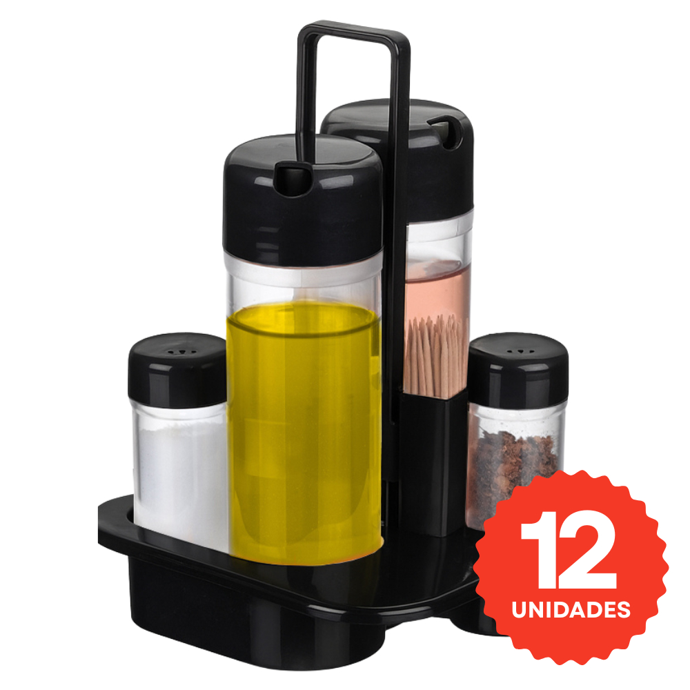 Kit com 3, 6 ou 12 Galheteiros de 5 Pçs Plástico Azeite Vinagre Sal Pimenta Palitos Lanchonete Restaurante Preto