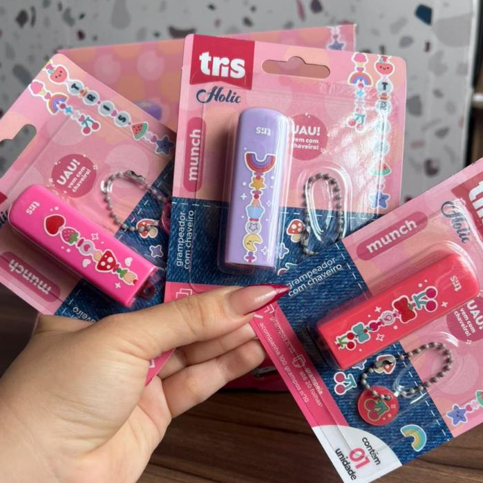 Mini Grampeador Com Chaveiro Tris Holic Munch Grampos nº10 Escolar