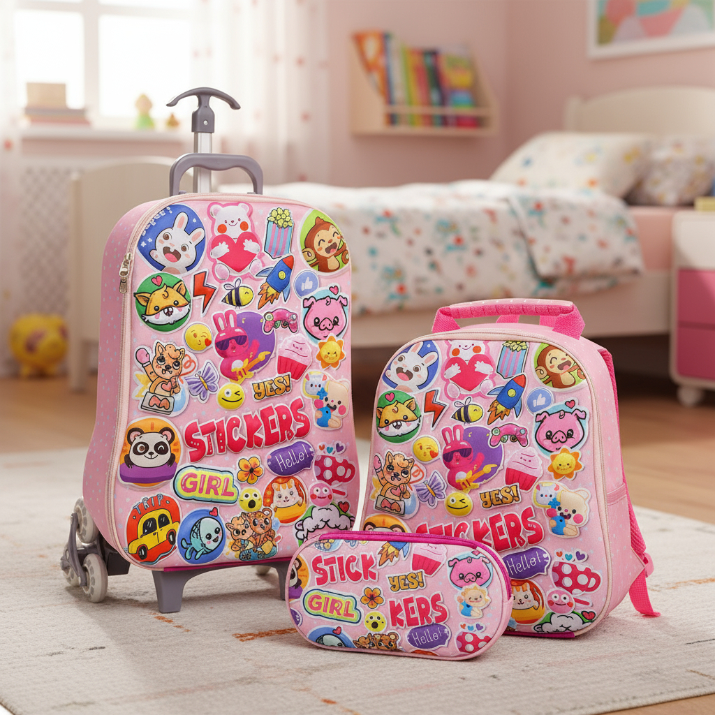 Kit Mochila de Rodinhas Escolar Completo Estojo e Lancheira Dsenho 3D e 3 Rodinhas Versão Premium em Oferta na Shopee