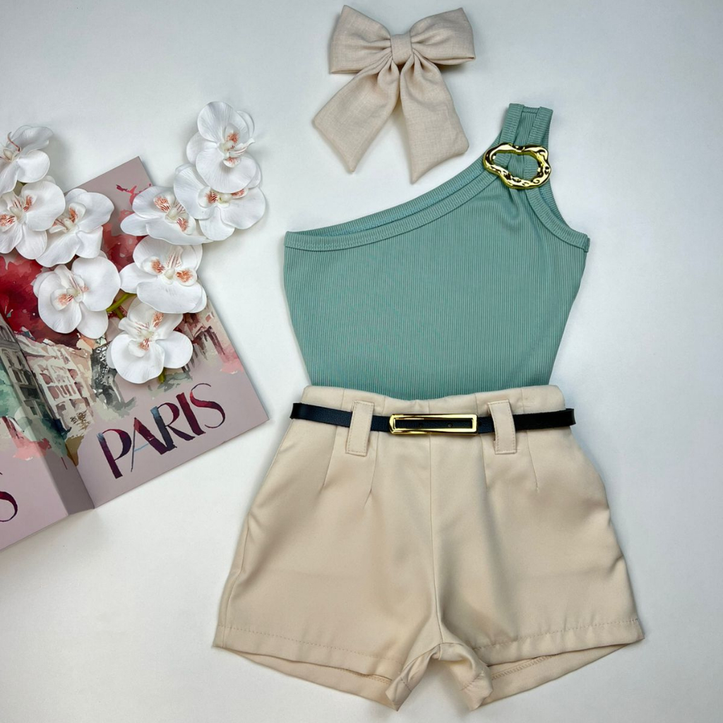 Roupa Infantil Mini Diva Festas Verão Blusa Fivela E Short Com Cinto Alfaiataria Look Moderno Juvenil