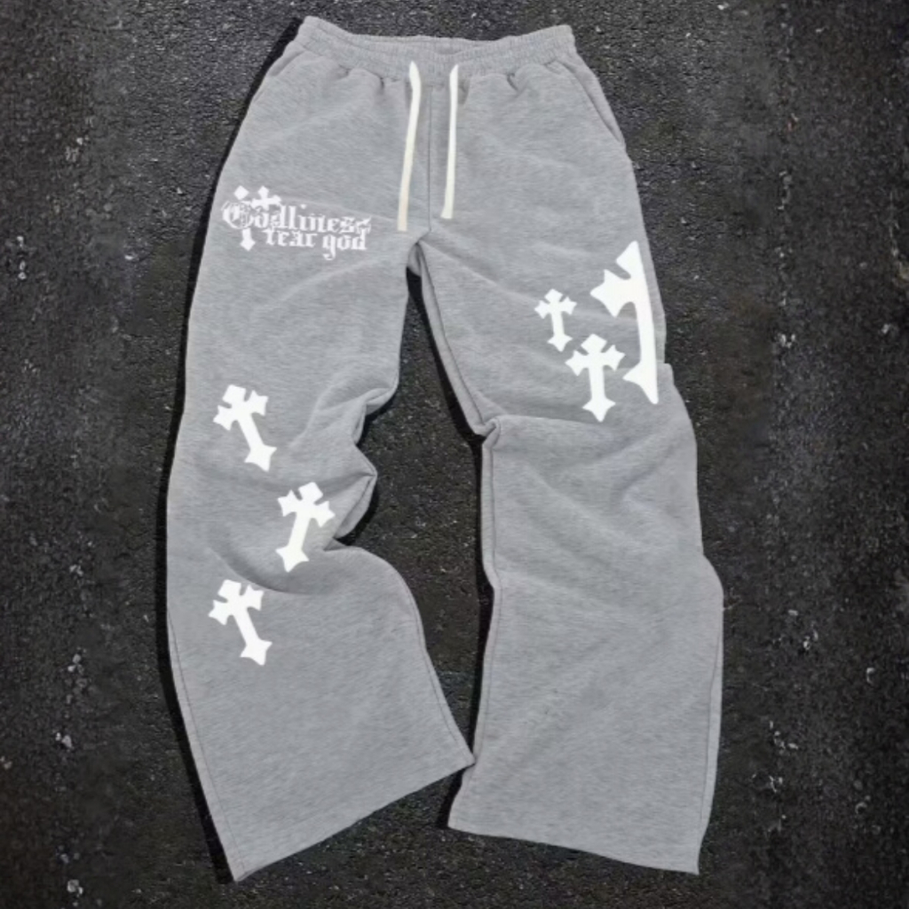 Calça Streetwear Oversized Moda Gótica Cruzes Estilo Urbano Wide Baggy Ajustavel