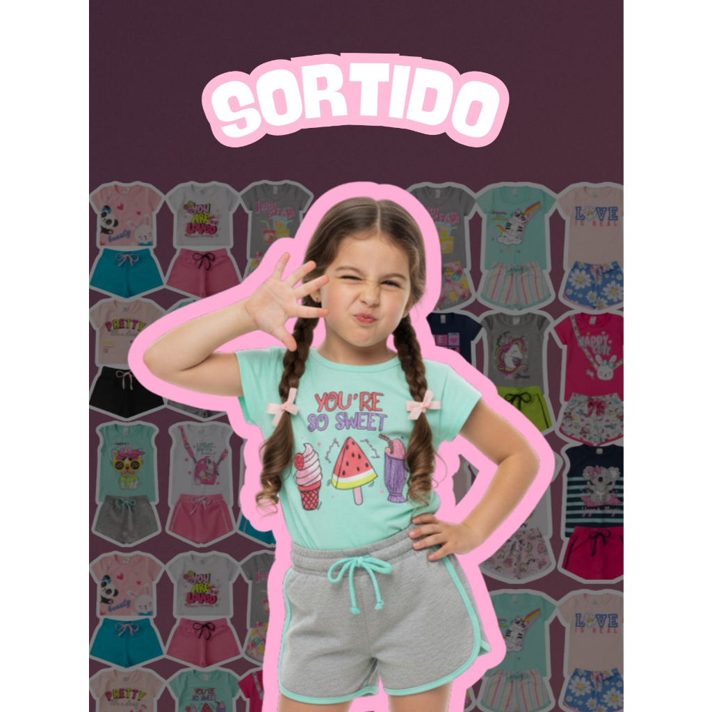 Kit 4 Peças Camisetas + Shorts 100% Algodão Menina Infantil Juvenil Conjuntos Verão