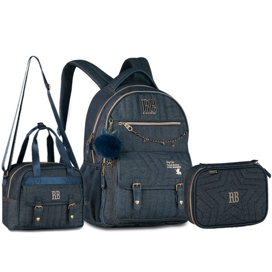 Kit Mochila Jeans Escuro Costas Estojo Lancheira Rebecca Bonbon Jeans Oficial - Clio Style