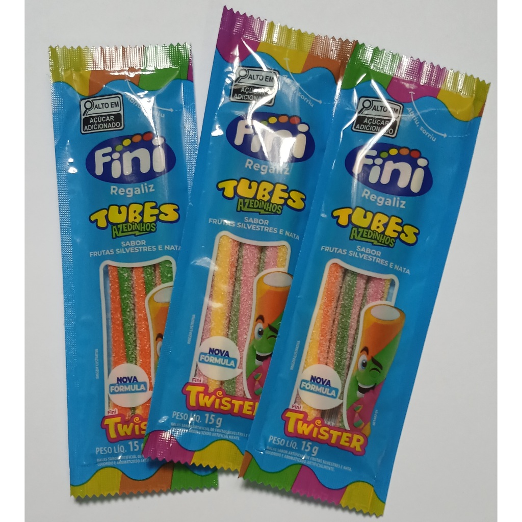Kit 3 Fini Tube Twister Azedinhos Frutas Silvestres e Nata Bala Fini 15g Cada