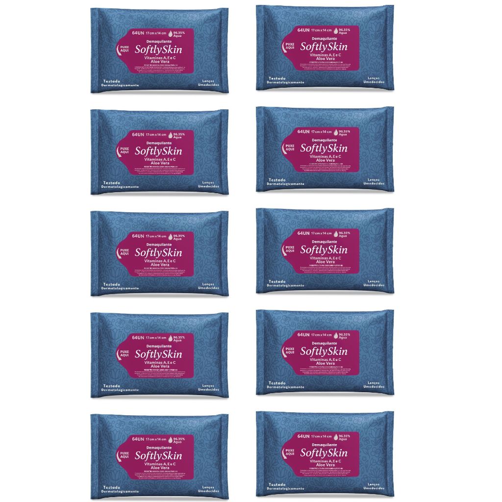 640un Lenço Demaquilante Umedecido Softly Skin c/Vitaminas - Suave e Hipoalergênico (10 Pacotes) em Oferta na Shopee