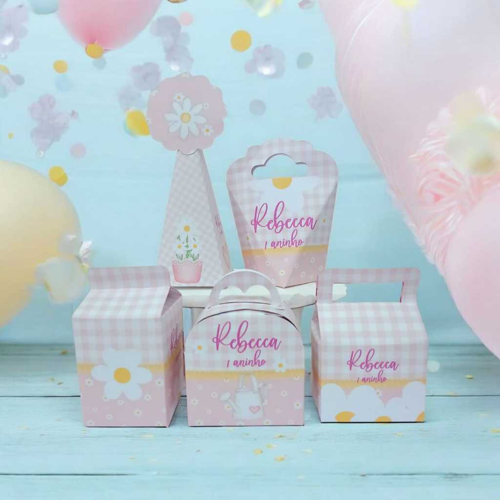 Kit Caixinhas Personalizadas Margarida Rosa Festa Aniversário Lembrancinhas