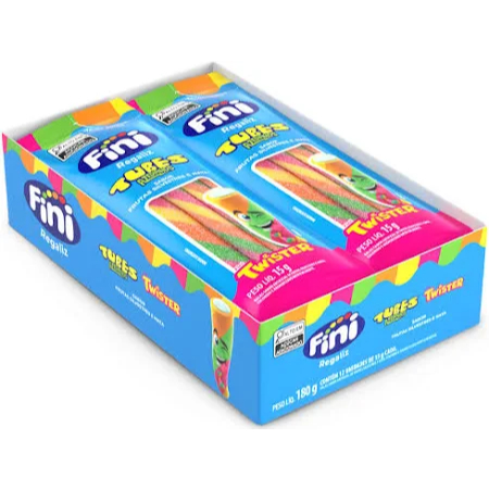 Caixa com 12 Fini Tubes Twister Azedinho Frutas Silvestres e Nata Bala Fini 15g Cada