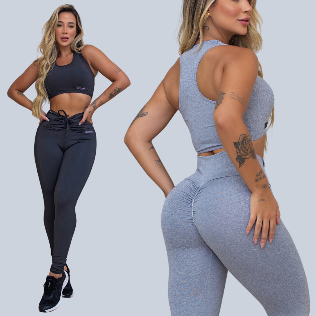 Kit 2 Conjuntos Academia 2 Tops e 2 Legging Levanta Bumbum