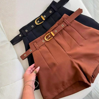 Short Alfaiataria Premium Feminino com Cinto Fivela Dourada Verão em Oferta na Shopee