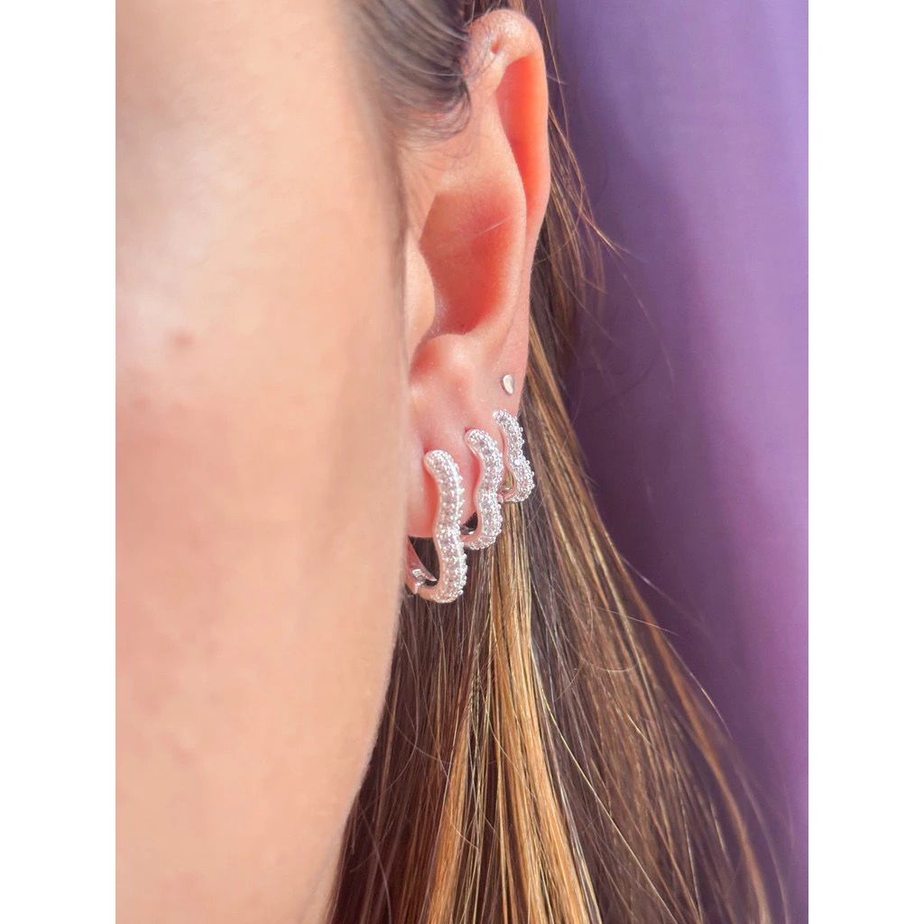 Trio de Argolinhas Cravejadas Coração 3 Espessuras Brinco Feminino Prata 925 Com Garantia