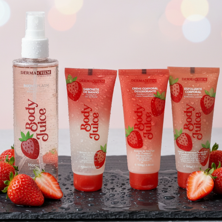Kit Banho Dermachem Body Splash, Creme, Sabonete e Esfoliante Corporal, Morango e Melancia