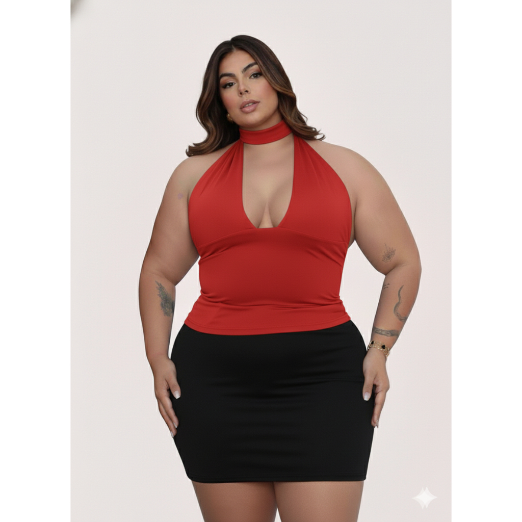 Blusa Cropped Amarração Frente Única Plus Size Moda Gringa Suplex MultiForma Forrado Vermelho Branco — imagem 2 de 2