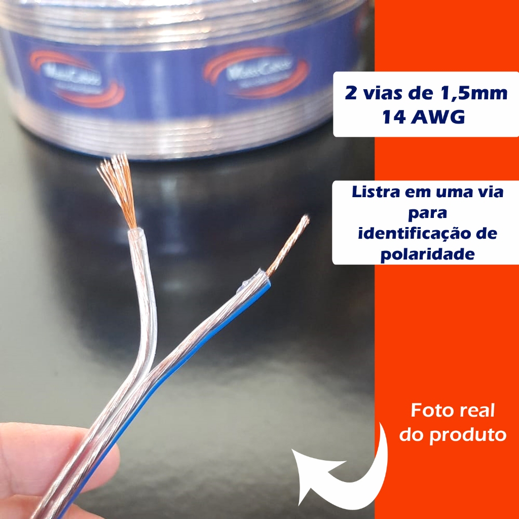 Fio de Som Automotivo Fio Duplo 1,5mm Bicolor Cristal Alto Falante Rolo 20mt