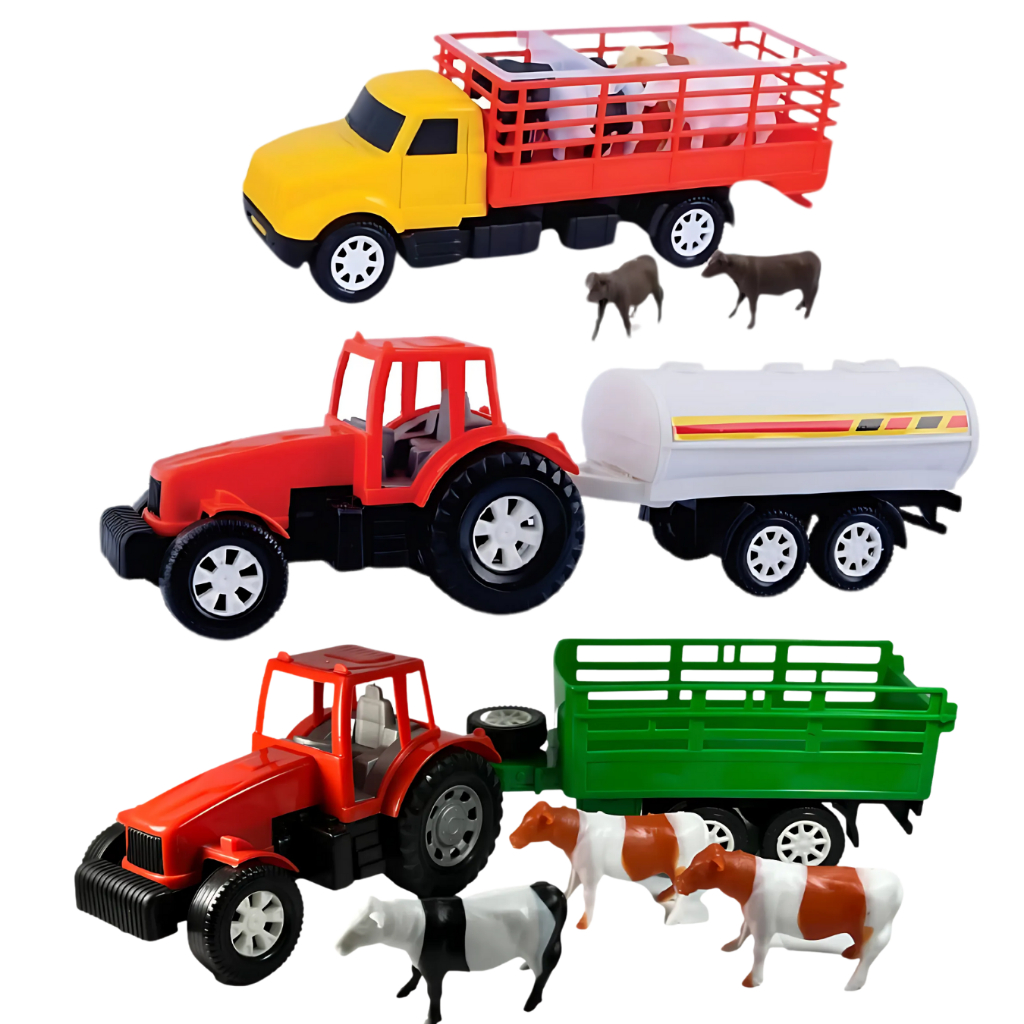 Kit Brinquedo Meninos Trator 3 Bois Animais Caminhão Mini Boiadeiro Trator Tanque Carrinho Brinquedo