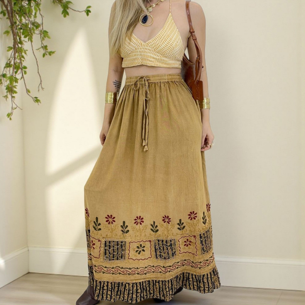 Saia Indiana Estonada Bordada Longa Boho Hippie