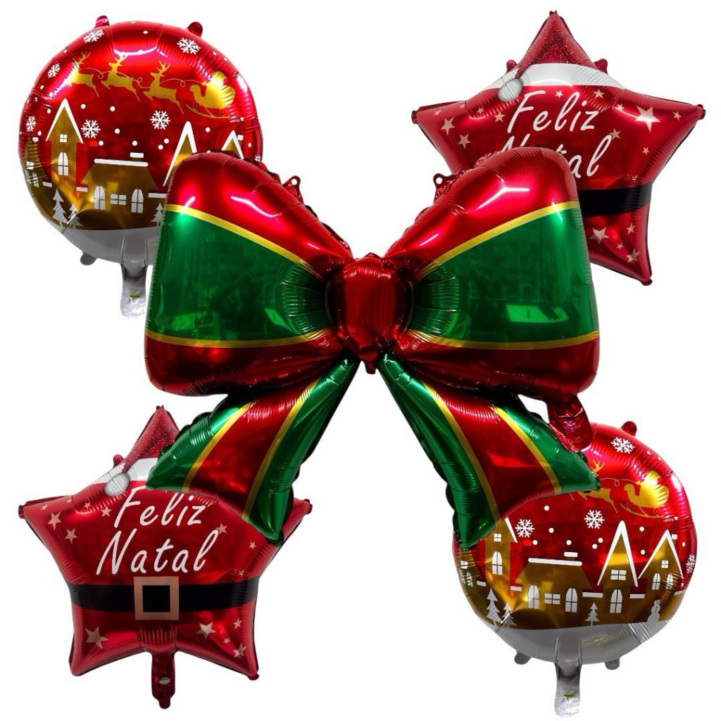 Kit c/ 5 Pcs Balão Metalizado Laço Natal 55cm + Balão Redondo Estrela Feliz Natal 45cm