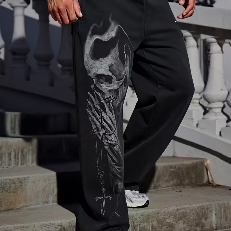 Calça Baggy Balão Wide Leg Pantalona Streetwear Esqueleto Caveira Punk Gotico Reta Masculino Moletom