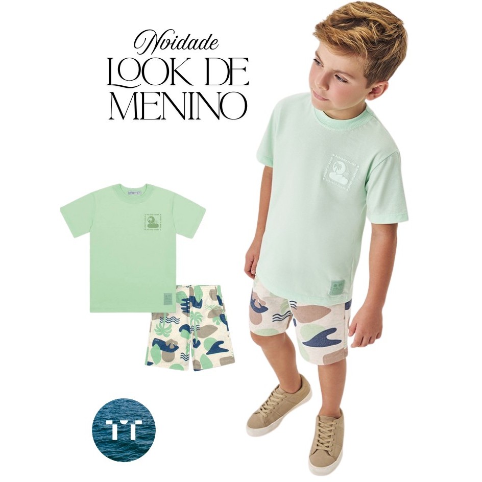Conjunto Infantil Menino Paradise Divertto, camiseta com gola ribana e bermuda estampada ,alto verão