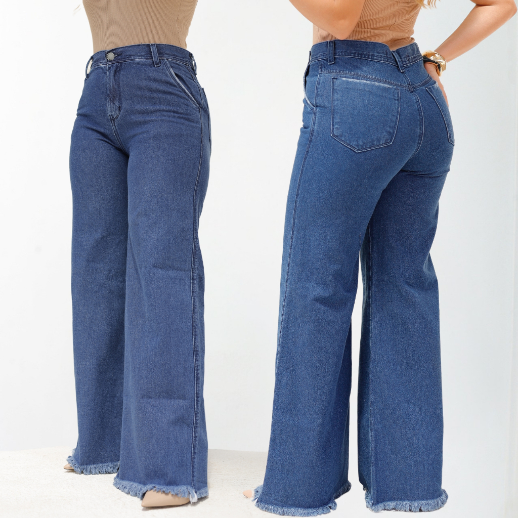 Calça Wide Leg Feminina Jeans Pantalona Cintura Alta Tecido Premium 100% Algodão