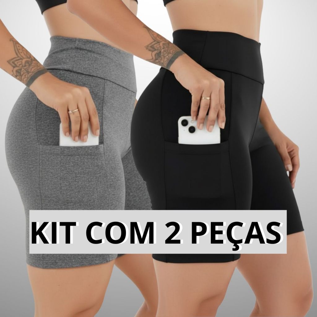 Kit 2 Shorts Feminino Fitness Suplex Slim Com Bolso Lateral Porta Celular Academia 3038.KA