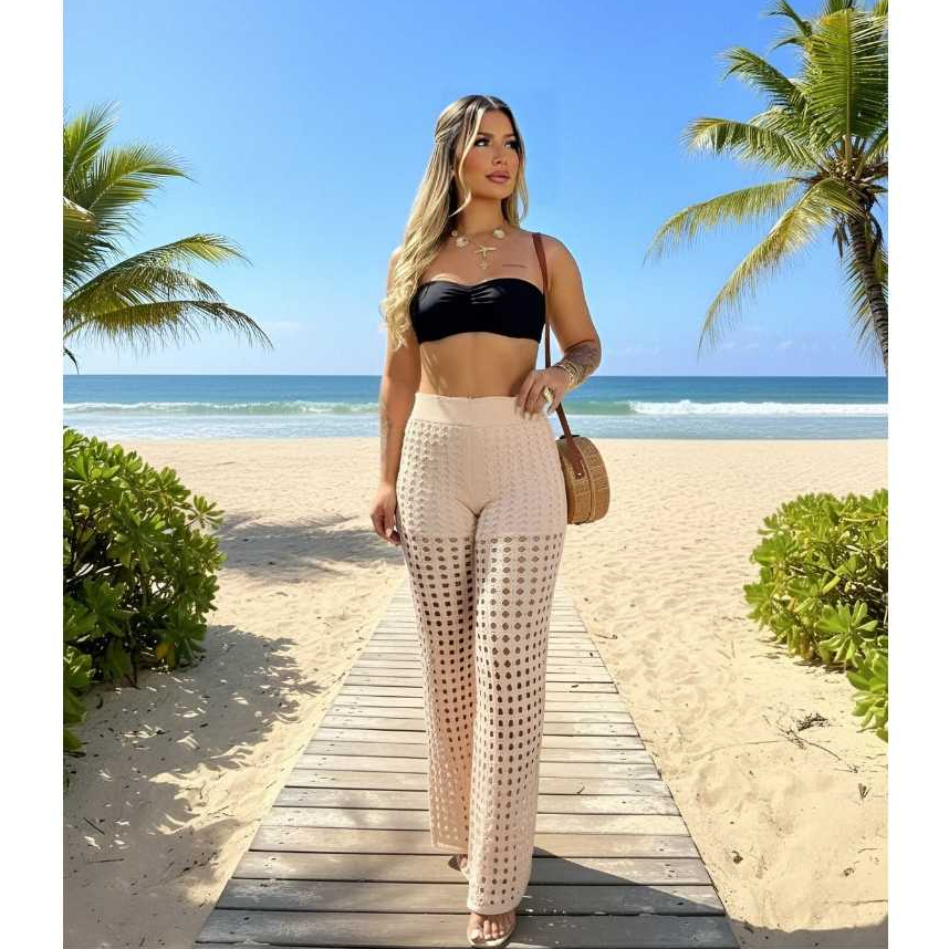 Saída de Praia Calça Com Short Forrado Feminino Tricot Poliéster Elegante Resort Moda Verão