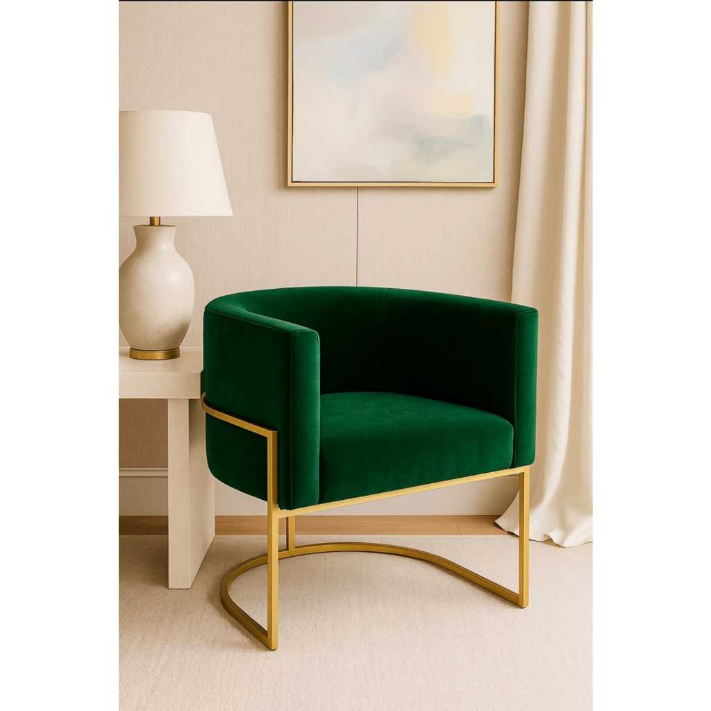 Poltrona Luna Luxo - Suede Verde Bandeira e Base Dourada. Sala, Salão, Escritorio e Sala de Jantar