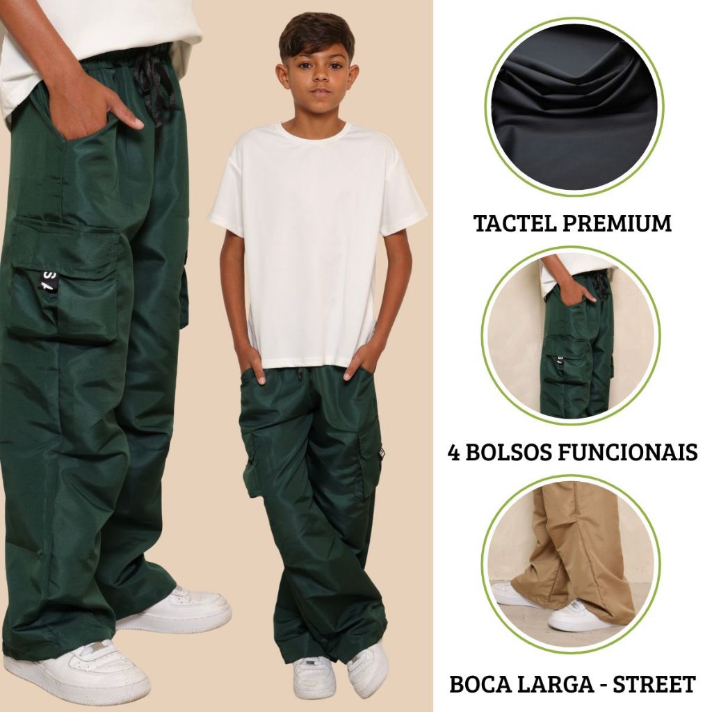 Calça Juvenil Tactel Premium Cargo 4 Bolso Estilo Streetwear Hip Hop Moda Urbana Menino 10 12 14 Calça Infantil Escola